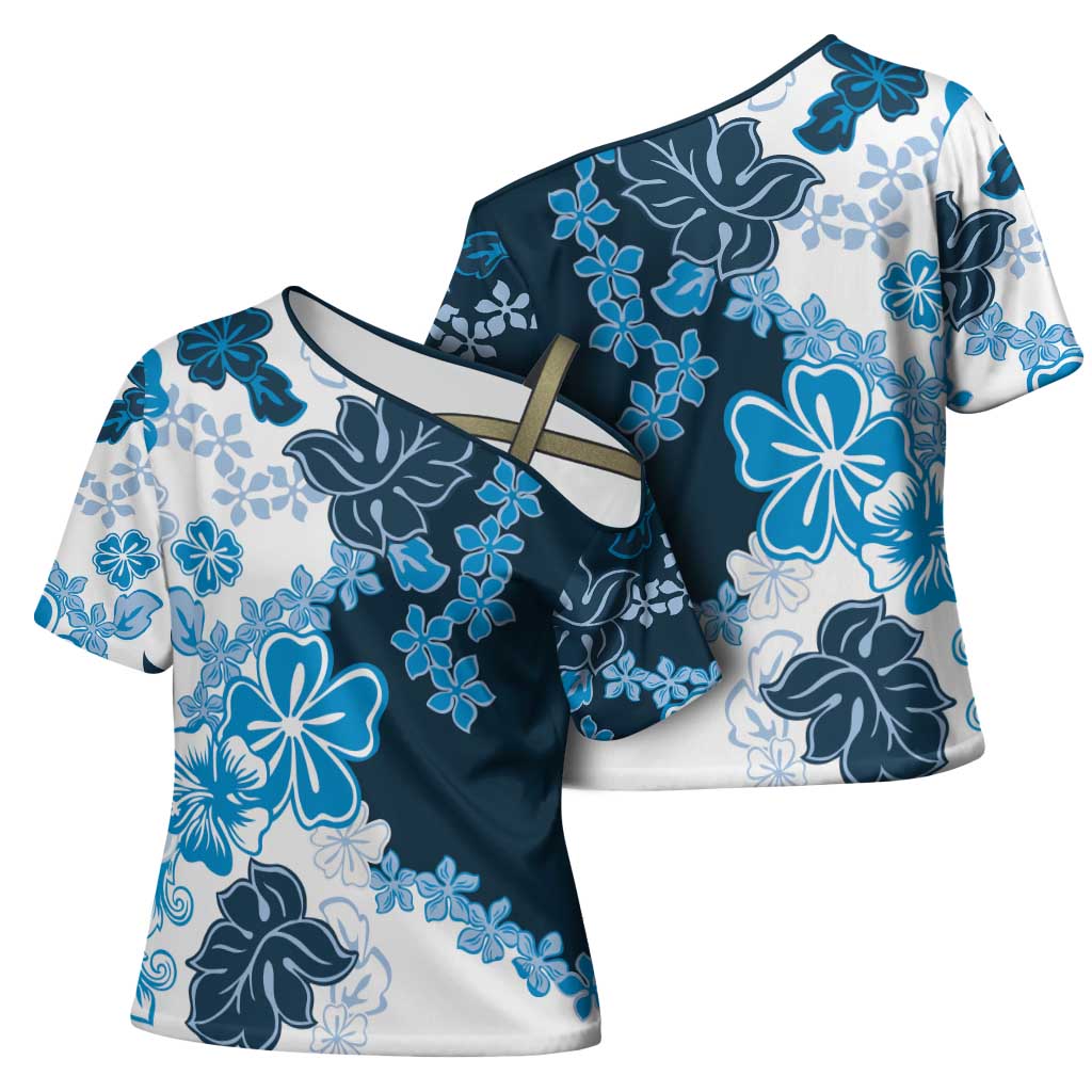 Blue Hibiscus Plumeria Floral Cross Shoulder Shirt LT01 - Polynesian Pride