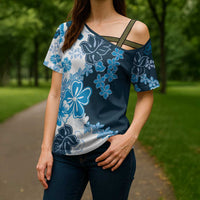 Blue Hibiscus Plumeria Floral Cross Shoulder Shirt LT01 - Polynesian Pride