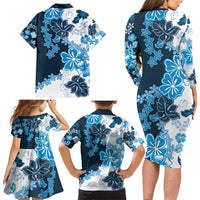 Blue Hibiscus Plumeria Floral Family Matching Long Sleeve Bodycon Dress and Hawaiian Shirt - Polynesian Pride