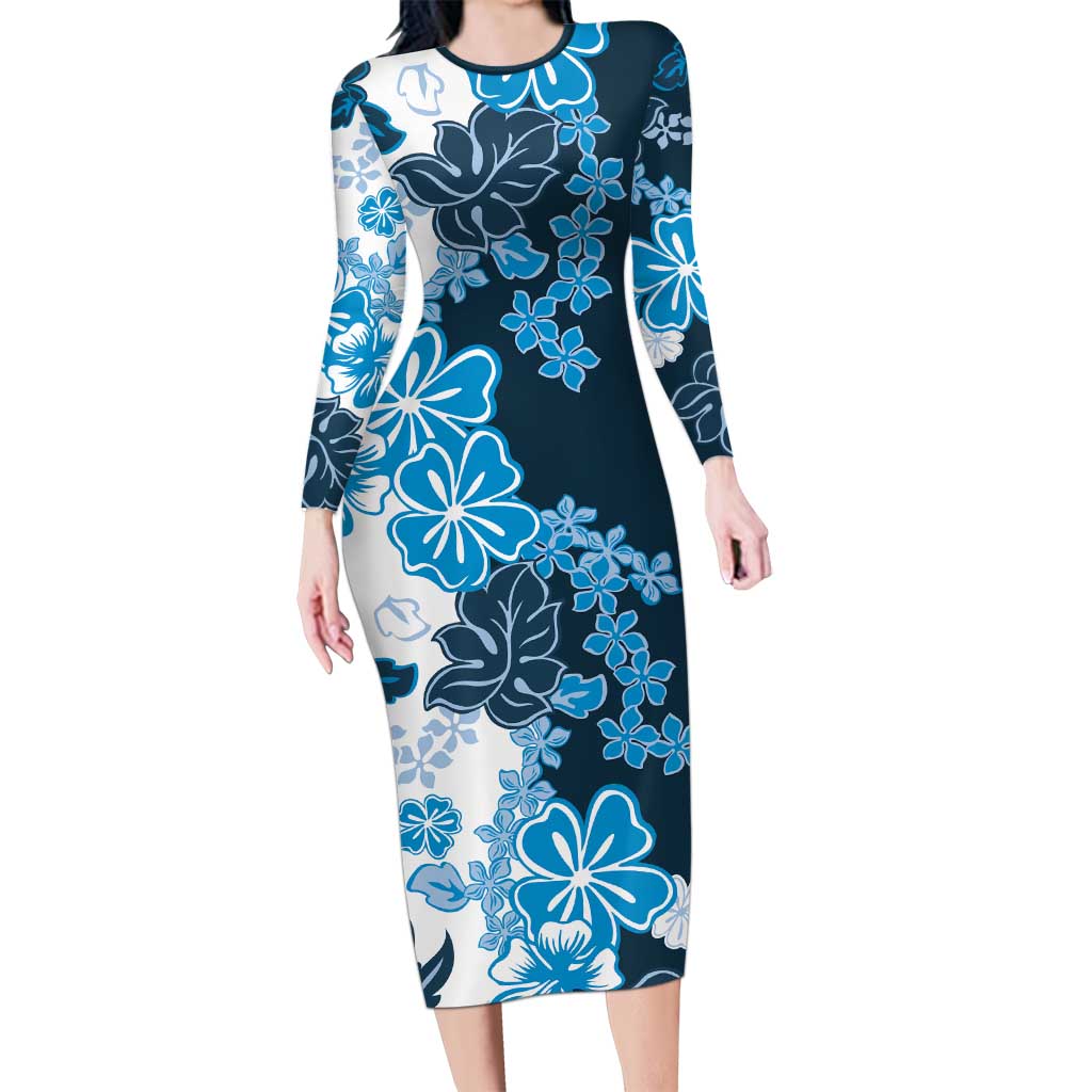 Blue Hibiscus Plumeria Floral Family Matching Long Sleeve Bodycon Dress and Hawaiian Shirt - Polynesian Pride