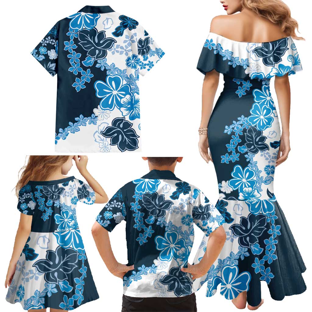 Blue Hibiscus Plumeria Floral Family Matching Mermaid Dress and Hawaiian Shirt - Polynesian Pride