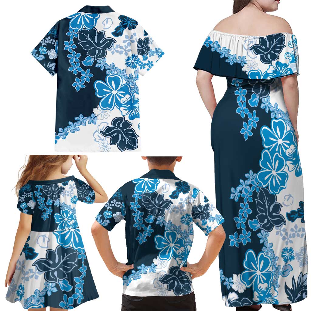 Blue Hibiscus Plumeria Floral Family Matching Off Shoulder Maxi Dress and Hawaiian Shirt - Polynesian Pride