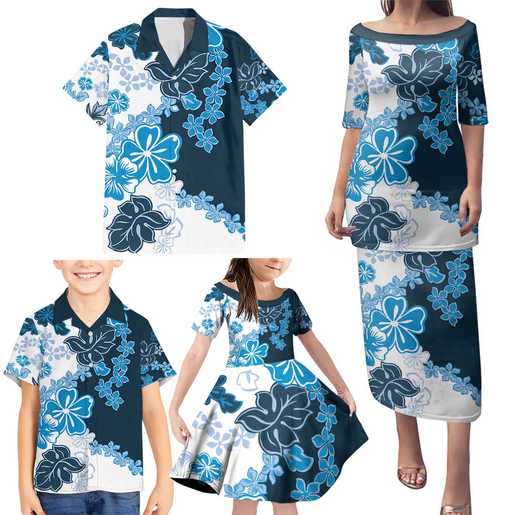 Blue Hibiscus Plumeria Floral Family Matching Puletasi and Hawaiian Shirt - Polynesian Pride