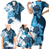 Blue Hibiscus Plumeria Floral Family Matching Short Sleeve Bodycon Dress and Hawaiian Shirt - Polynesian Pride