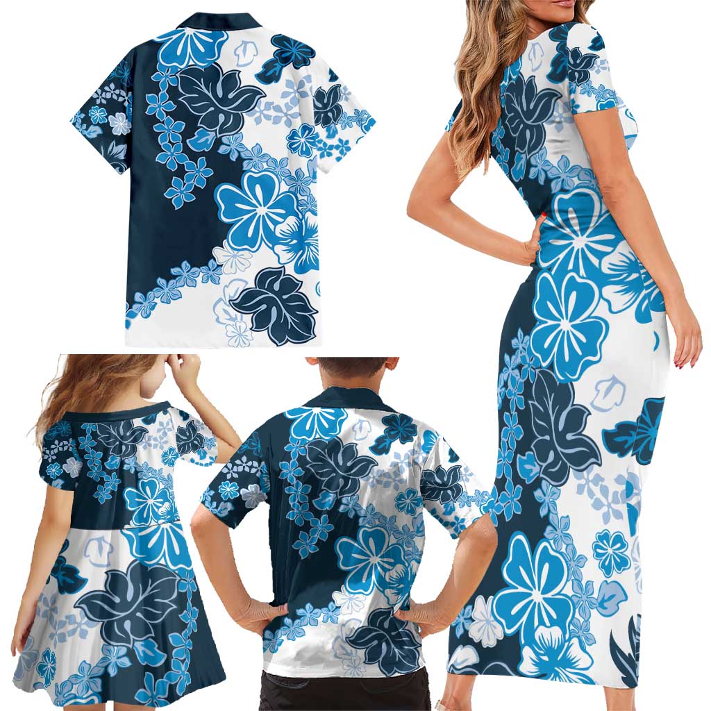 Blue Hibiscus Plumeria Floral Family Matching Short Sleeve Bodycon Dress and Hawaiian Shirt - Polynesian Pride