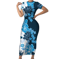 Blue Hibiscus Plumeria Floral Family Matching Short Sleeve Bodycon Dress and Hawaiian Shirt - Polynesian Pride
