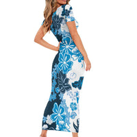 Blue Hibiscus Plumeria Floral Family Matching Short Sleeve Bodycon Dress and Hawaiian Shirt - Polynesian Pride
