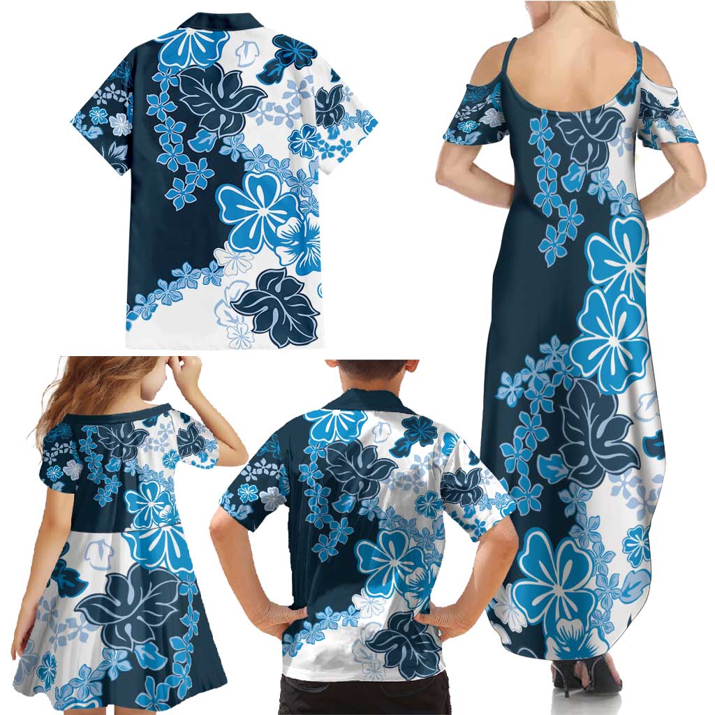 Blue Hibiscus Plumeria Floral Family Matching Summer Maxi Dress and Hawaiian Shirt - Polynesian Pride