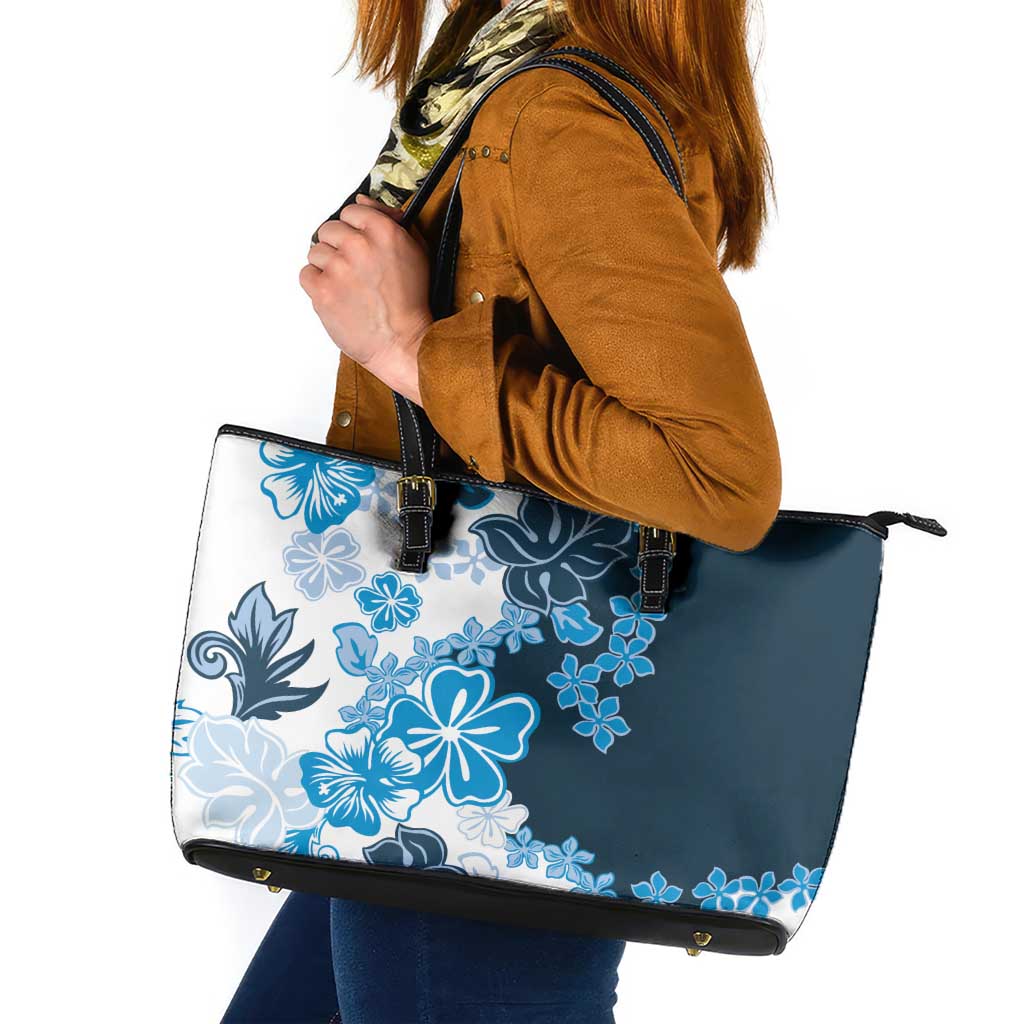 Blue Hibiscus Plumeria Floral Leather Tote Bag - Polynesian Pride