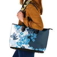 Blue Hibiscus Plumeria Floral Leather Tote Bag - Polynesian Pride