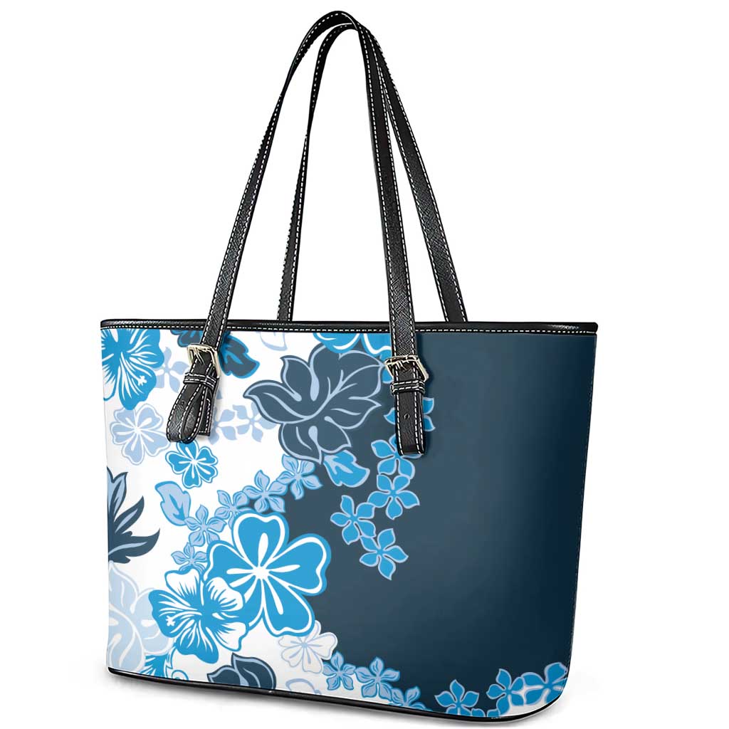 Blue Hibiscus Plumeria Floral Leather Tote Bag - Polynesian Pride