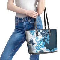 Blue Hibiscus Plumeria Floral Leather Tote Bag - Polynesian Pride