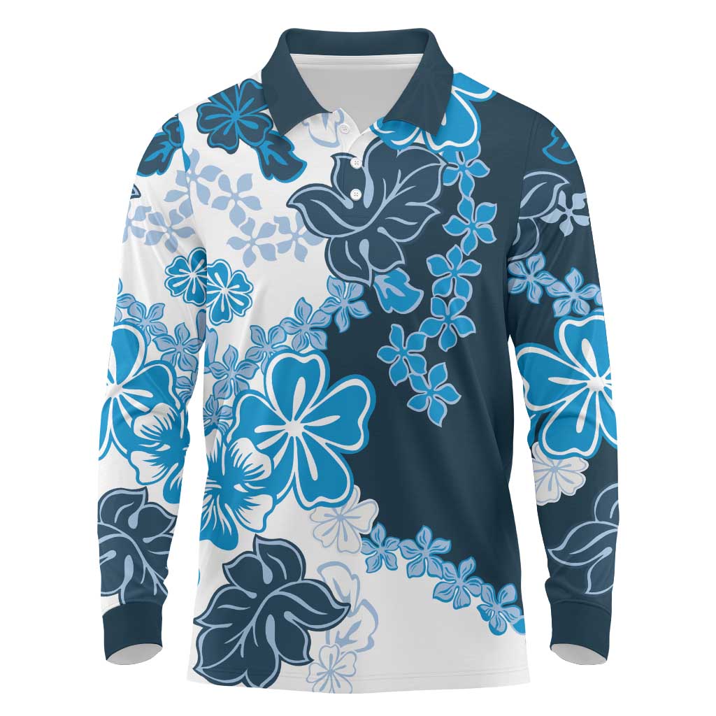 Blue Hibiscus Plumeria Floral Long Sleeve Polo Shirt LT01 Blue - Polynesian Pride