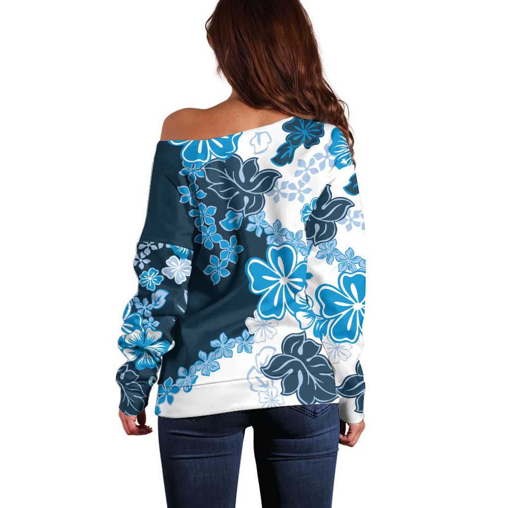 Blue Hibiscus Plumeria Floral Off Shoulder Sweater - Polynesian Pride