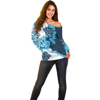 Blue Hibiscus Plumeria Floral Off Shoulder Sweater - Polynesian Pride