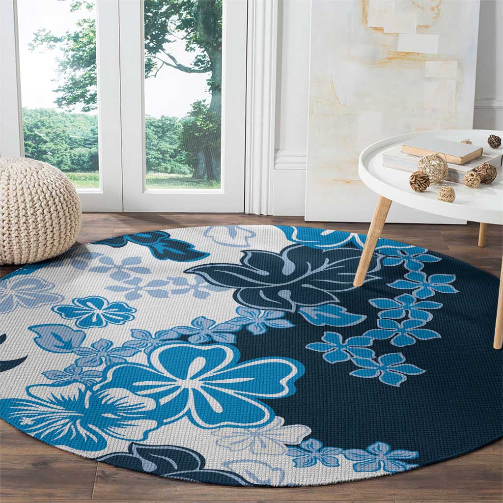 Blue Hibiscus Plumeria Floral Round Carpet - Polynesian Pride