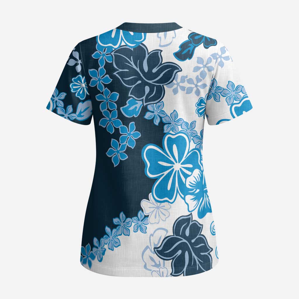 Blue Hibiscus Plumeria Floral Scrub Top LT01 - Polynesian Pride