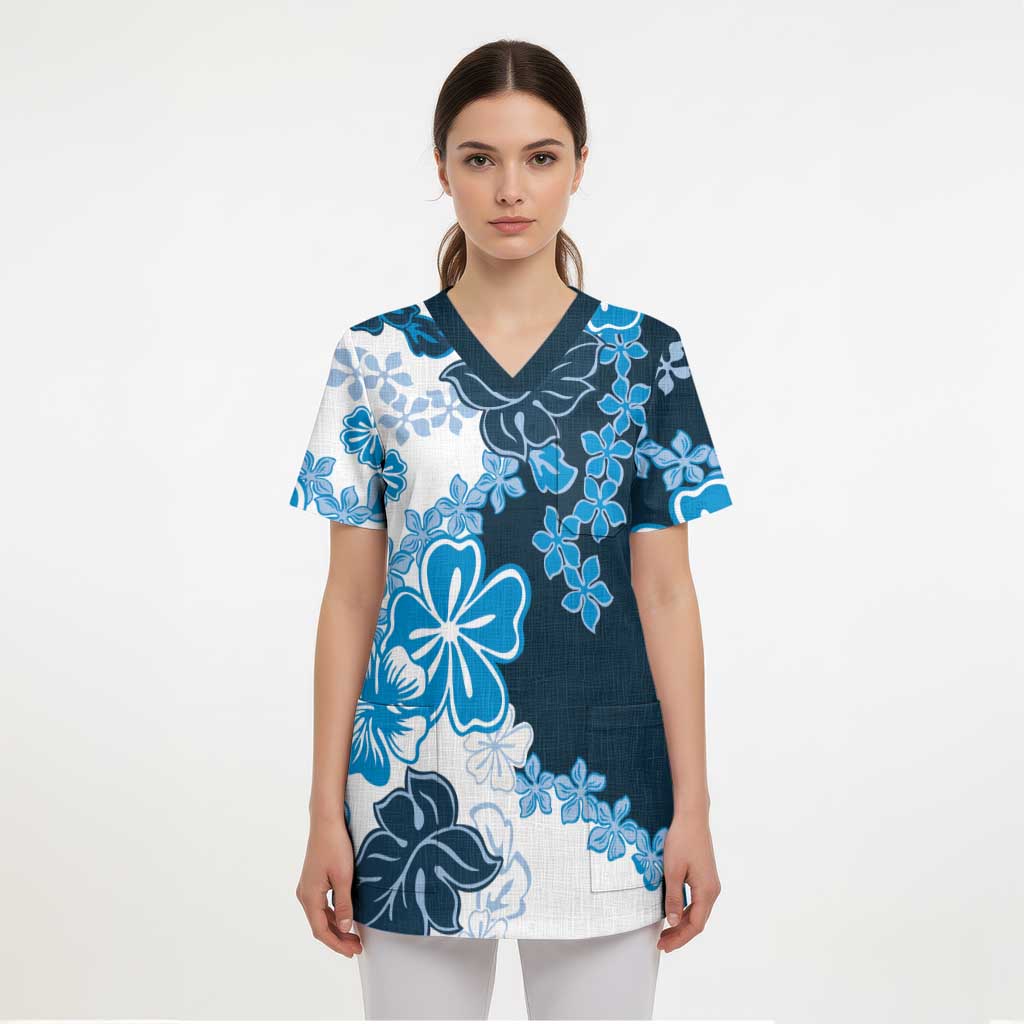 Blue Hibiscus Plumeria Floral Scrub Top LT01 - Polynesian Pride