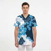Blue Hibiscus Plumeria Floral Scrub Top LT01 - Polynesian Pride