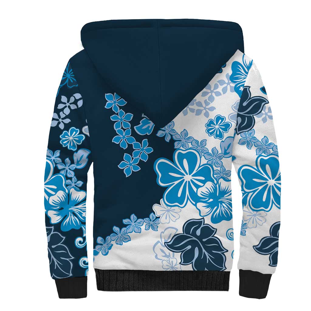 Blue Hibiscus Plumeria Floral Sherpa Hoodie - Polynesian Pride