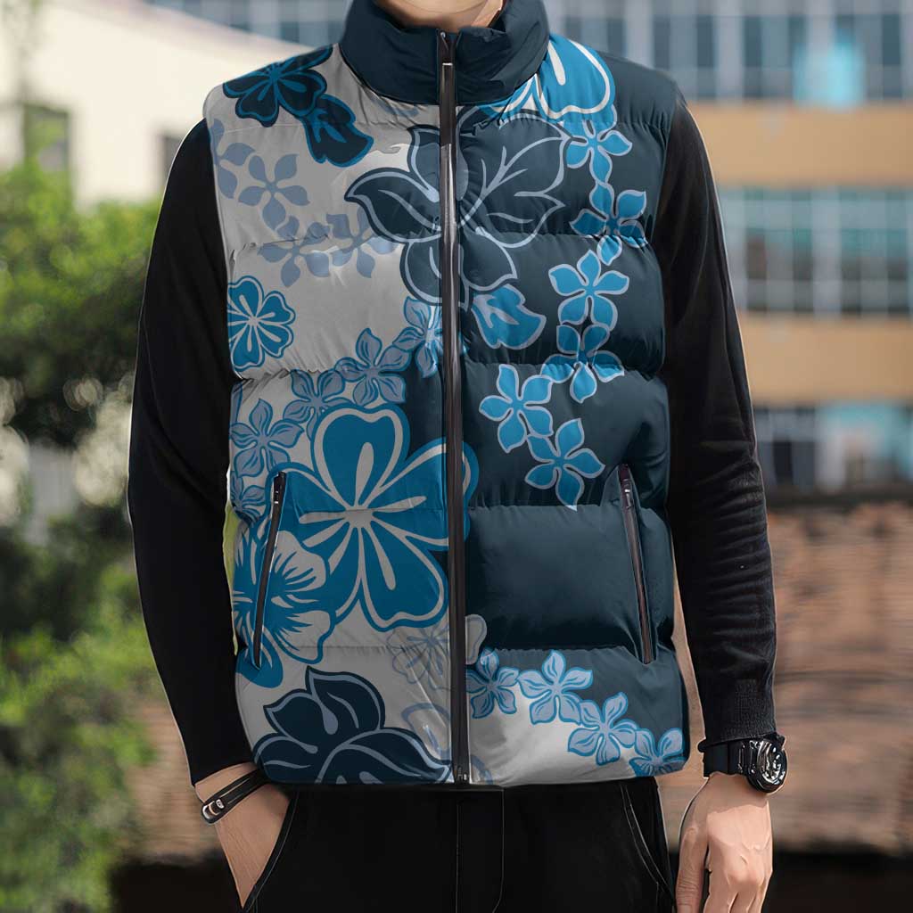Blue Hibiscus Plumeria Floral Sleeveless Puffer Jacket LT01 - Polynesian Pride