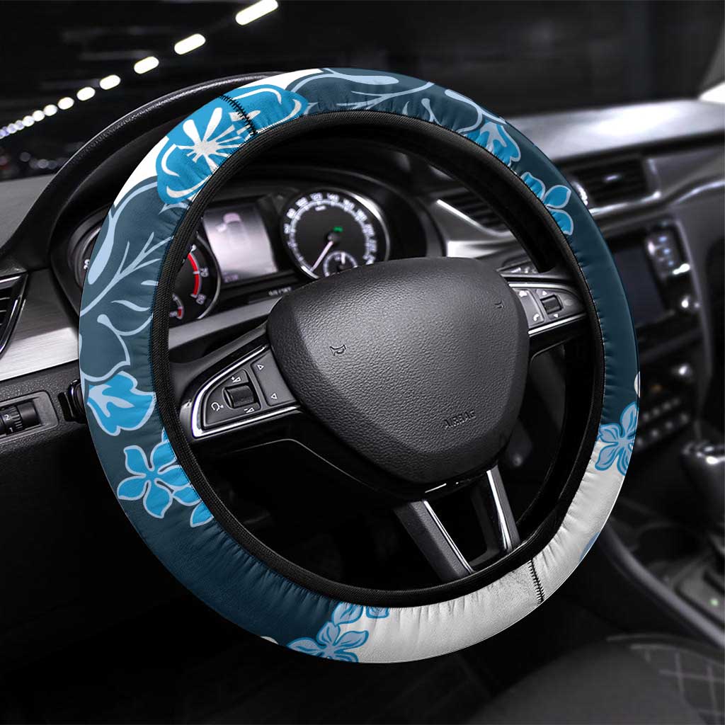 Blue Hibiscus Plumeria Floral Steering Wheel Cover LT01 Universal Fit Blue - Polynesian Pride