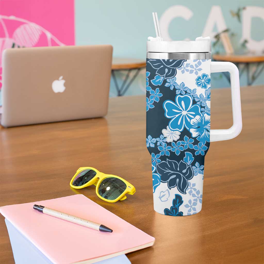 Blue Hibiscus Plumeria Floral Tumbler With Handle - Polynesian Pride