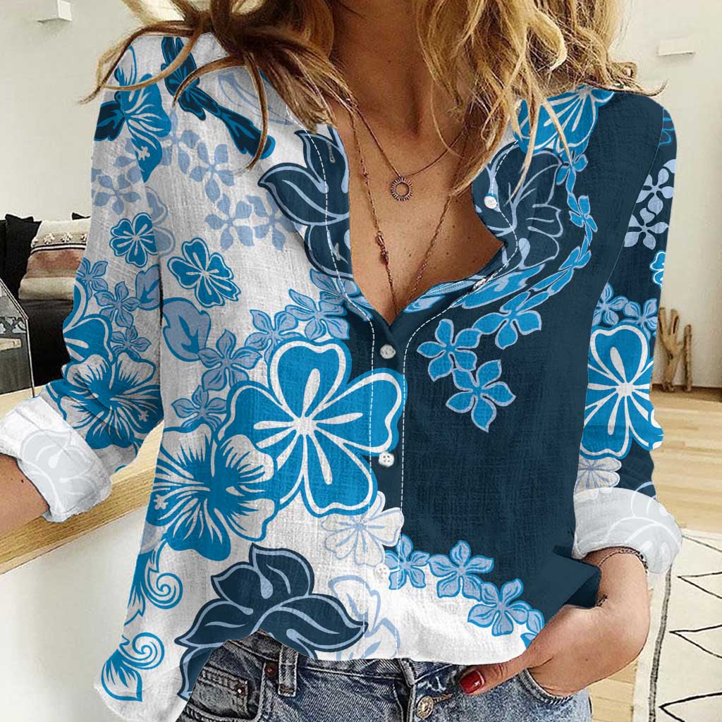 Blue Hibiscus Plumeria Floral Women Casual Shirt - Polynesian Pride