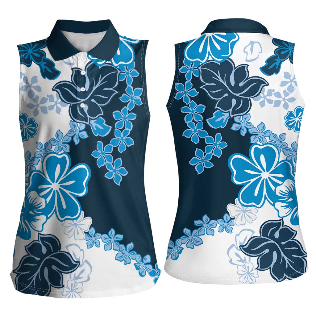Blue Hibiscus Plumeria Floral Women Sleeveless Polo Shirt - Polynesian Pride