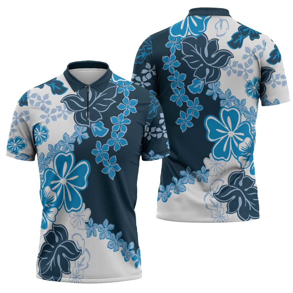 Blue Hibiscus Plumeria Floral Zipper Polo Shirt LT01 - Polynesian Pride