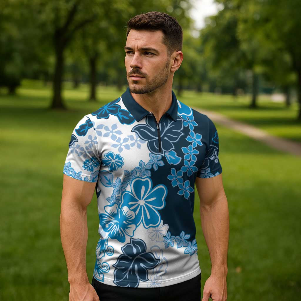 Blue Hibiscus Plumeria Floral Zipper Polo Shirt LT01 - Polynesian Pride