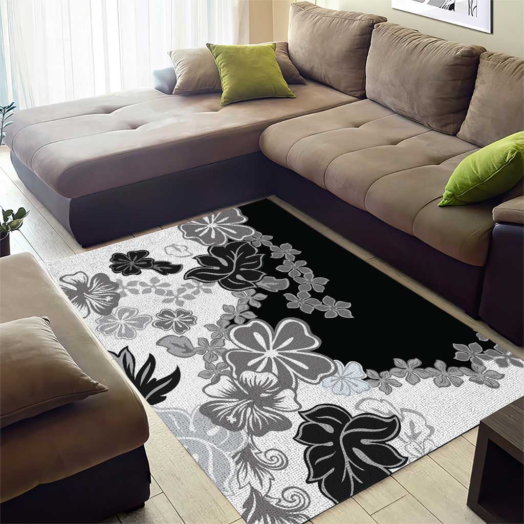 Gray Scale Hibiscus Plumeria Floral Area Rug - Polynesian Pride