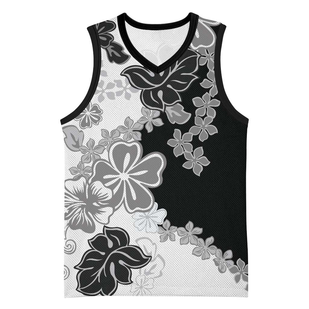 Gray Scale Hibiscus Plumeria Floral Basketball Jersey LT01 Unisex Black - Polynesian Pride