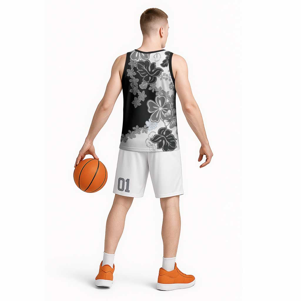 Gray Scale Hibiscus Plumeria Floral Basketball Jersey LT01 - Polynesian Pride