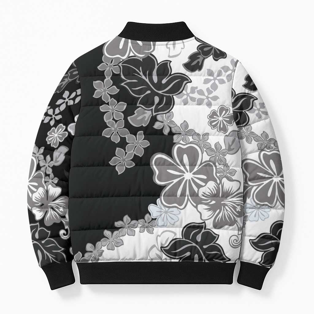 Gray Scale Hibiscus Plumeria Floral Bomber Puffer Jacket LT01 - Polynesian Pride