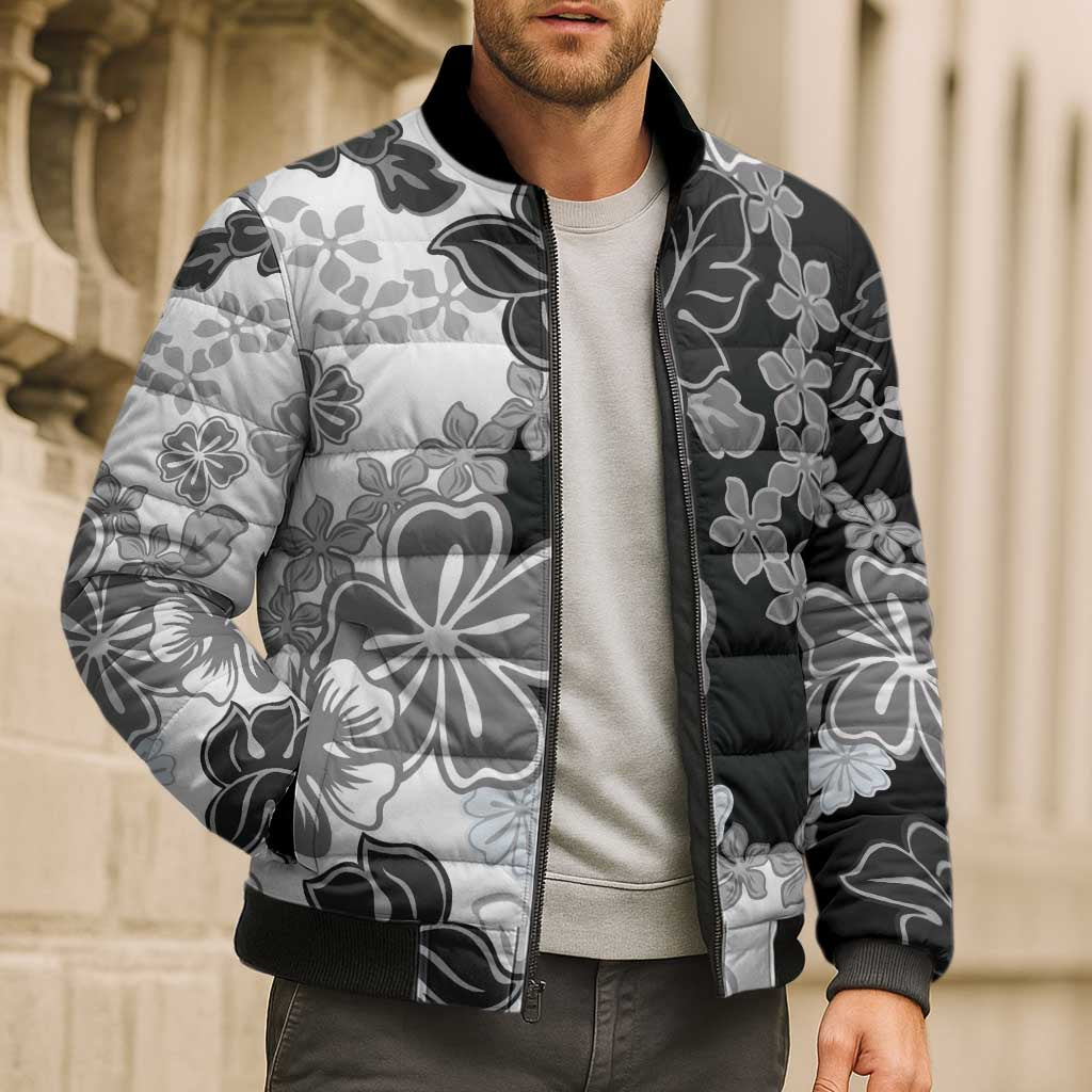 Gray Scale Hibiscus Plumeria Floral Bomber Puffer Jacket LT01 - Polynesian Pride