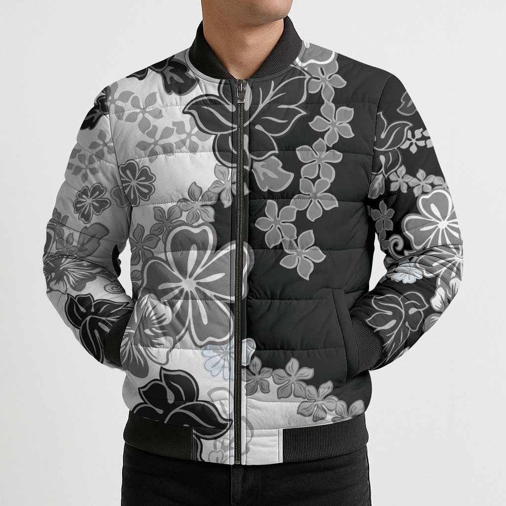 Gray Scale Hibiscus Plumeria Floral Bomber Puffer Jacket LT01 - Polynesian Pride