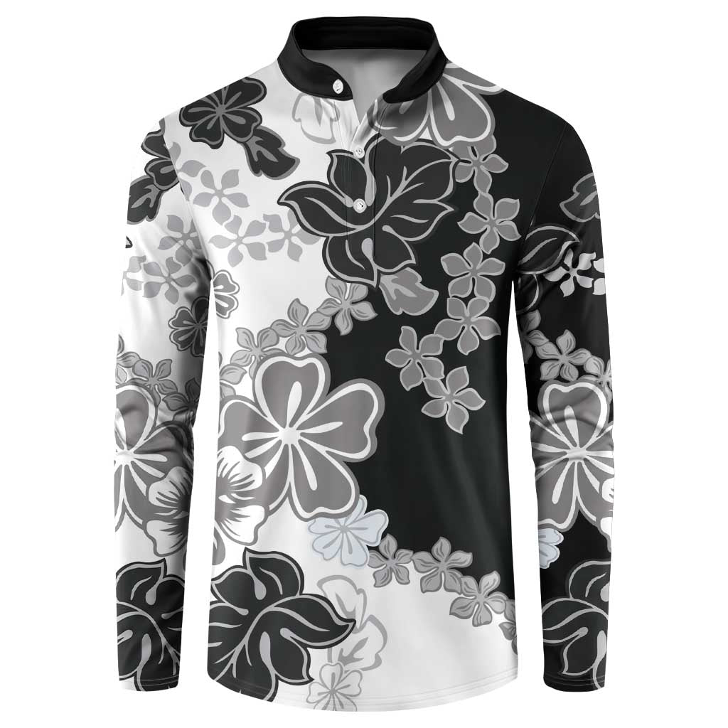 Gray Scale Hibiscus Plumeria Floral Button Sweatshirt LT01 Black - Polynesian Pride