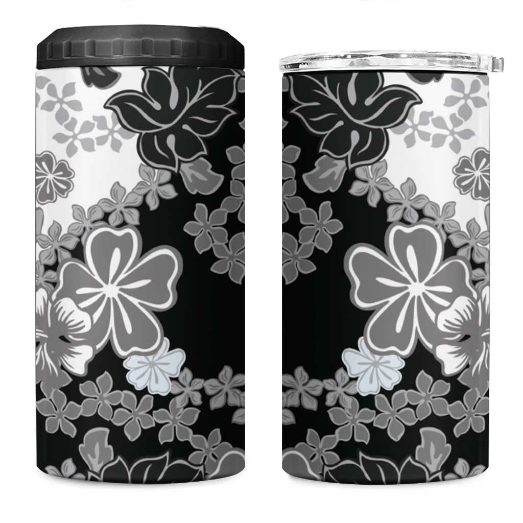 Gray Scale Hibiscus Plumeria Floral 4 in 1 Can Cooler Tumbler LT01 One Size: 16 oz Black - Polynesian Pride