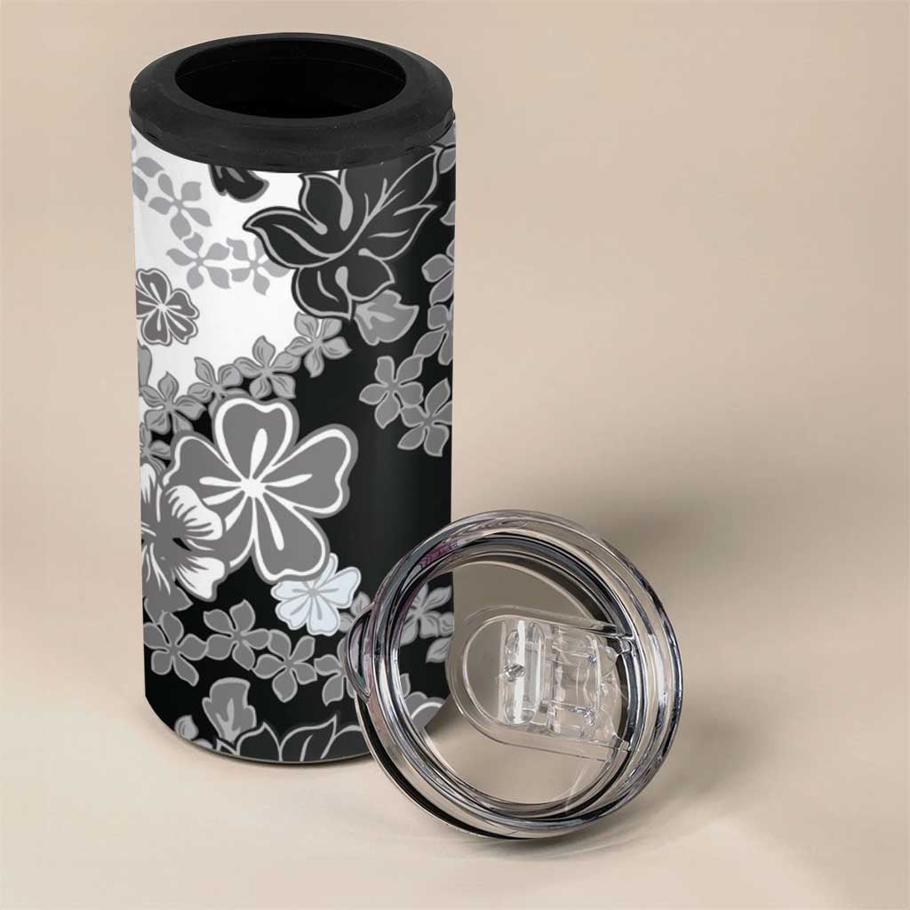 Gray Scale Hibiscus Plumeria Floral 4 in 1 Can Cooler Tumbler LT01 - Polynesian Pride