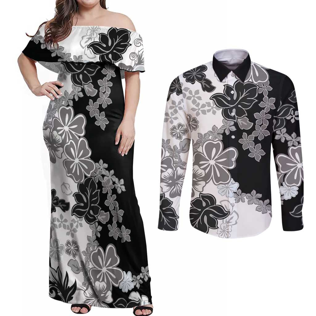 Gray Scale Hibiscus Plumeria Floral Couples Matching Off Shoulder Maxi Dress and Long Sleeve Button Shirt LT01 Black - Polynesian Pride