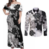 Gray Scale Hibiscus Plumeria Floral Couples Matching Off Shoulder Maxi Dress and Long Sleeve Button Shirt LT01 Black - Polynesian Pride