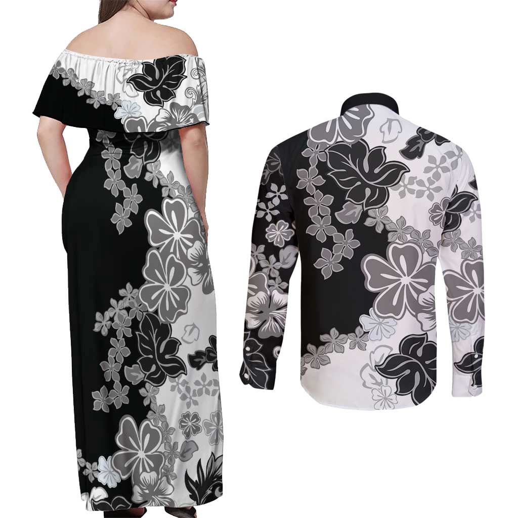 Gray Scale Hibiscus Plumeria Floral Couples Matching Off Shoulder Maxi Dress and Long Sleeve Button Shirt LT01 - Polynesian Pride