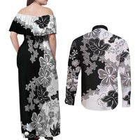 Gray Scale Hibiscus Plumeria Floral Couples Matching Off Shoulder Maxi Dress and Long Sleeve Button Shirt LT01 - Polynesian Pride