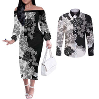 Gray Scale Hibiscus Plumeria Floral Couples Matching Off The Shoulder Long Sleeve Dress and Long Sleeve Button Shirt - Polynesian Pride