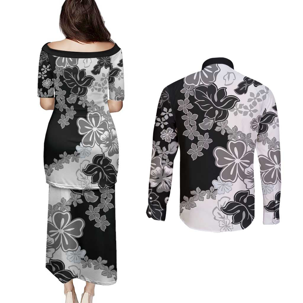 Gray Scale Hibiscus Plumeria Floral Couples Matching Puletasi and Long Sleeve Button Shirt LT01 - Polynesian Pride