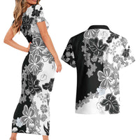 Gray Scale Hibiscus Plumeria Floral Couples Matching Short Sleeve Bodycon Dress and Hawaiian Shirt - Polynesian Pride