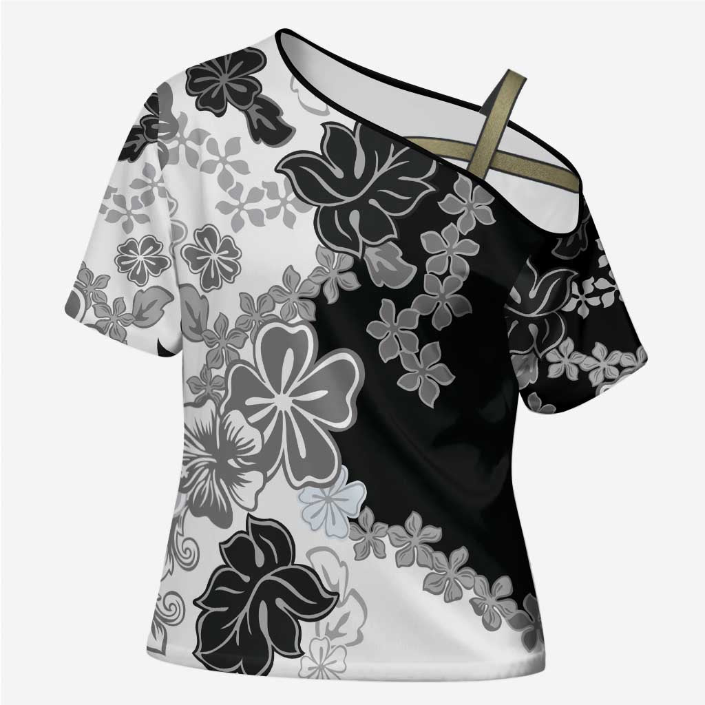 Gray Scale Hibiscus Plumeria Floral Cross Shoulder Shirt LT01 Female Black - Polynesian Pride