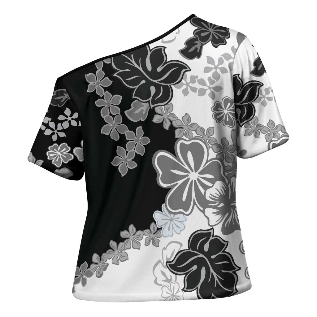 Gray Scale Hibiscus Plumeria Floral Cross Shoulder Shirt LT01 - Polynesian Pride