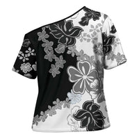 Gray Scale Hibiscus Plumeria Floral Cross Shoulder Shirt LT01 - Polynesian Pride